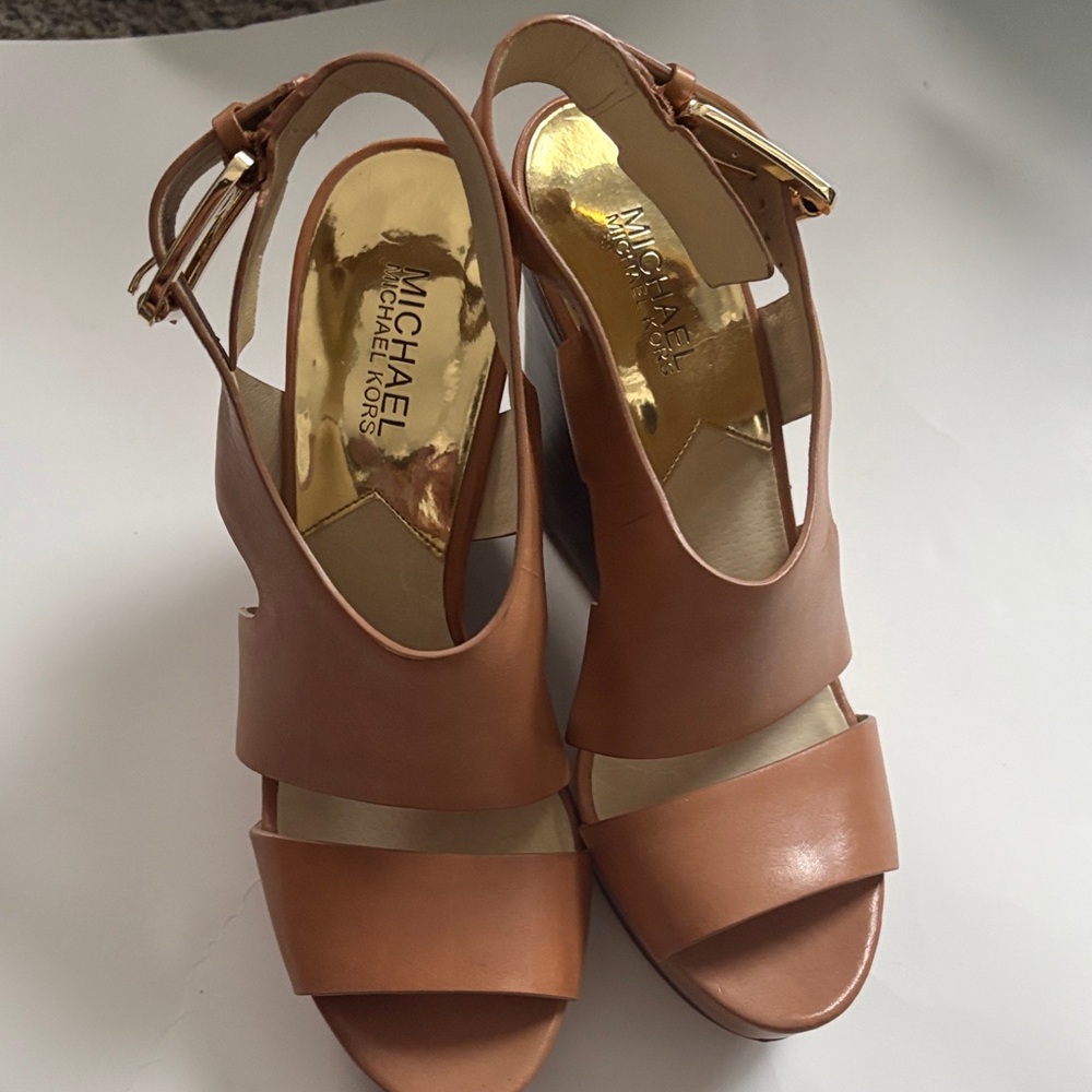 Michael Kors Cognac Leather Slingback Block Heel Sandals
